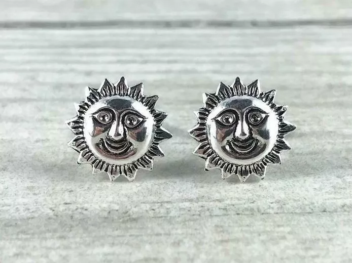 Genuine 925 Sterling Silver Sun Stud Earrings Sun Star Stud
