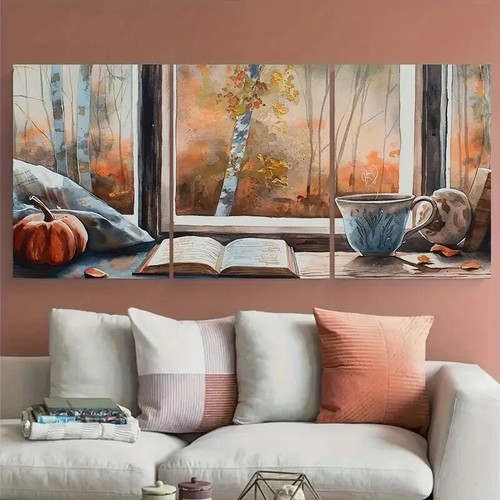 3pcs Warm Drink & Books on Window Metal Print Ready to Hang Art - Picture 2 of 8