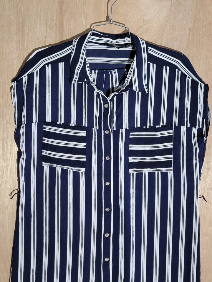 mlle gabrielle button up shirt womens size L sleeveless long pockets stripe blue - Изображение 4 из 4