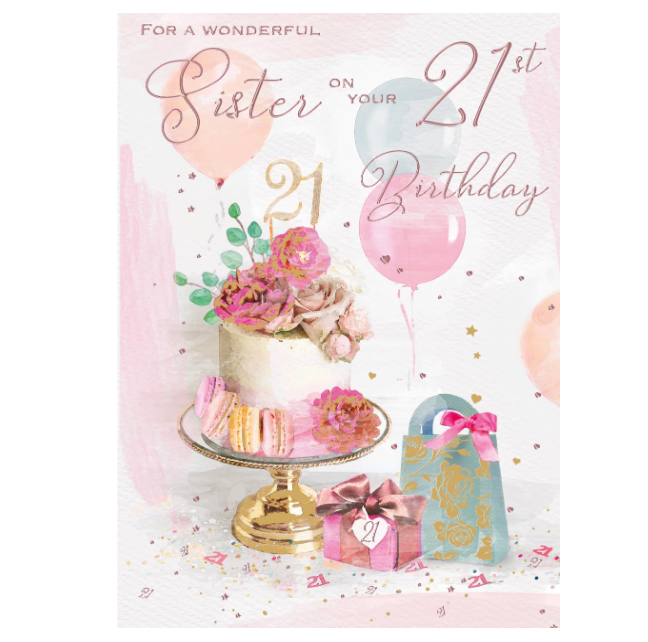 Birthday Card SISTER 21st 21. **Nine Inch Gold-Foiled Card, Paper Pages Inside**