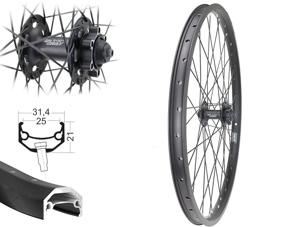 BÄRWINKELS LAUFRADBAU 26 Zoll Vorderrad Disc Shimano XT M756 6Loch Andra40 Schwerlast bis 180kg 25-559
