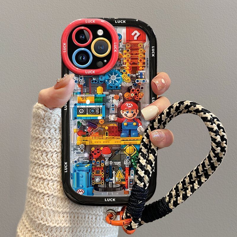 Cartoon building Mario0 Phone Case with lanyard For iPhone 15 14 13 12 Pro Max
