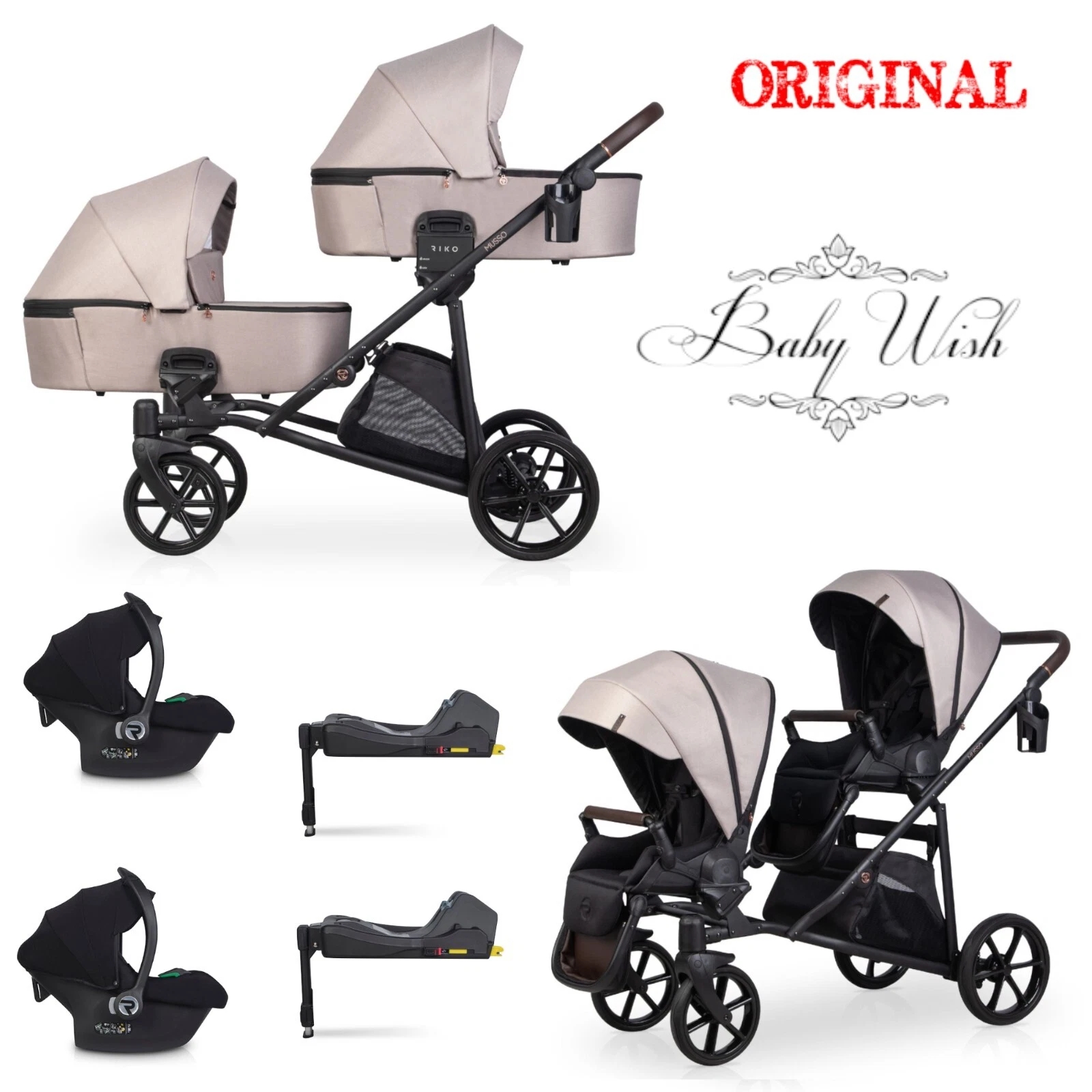 RIKO MUSSO DUO TWIN BABY KIDS PRAM 2in1 ,3in1 CARRYCOTS + PUSHCHAIRS + CAR SEATS