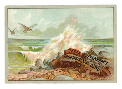 c.1890 Lydia Pinkham's Vegetable Compound Trade Card Ocean Waves Crashing Rocks