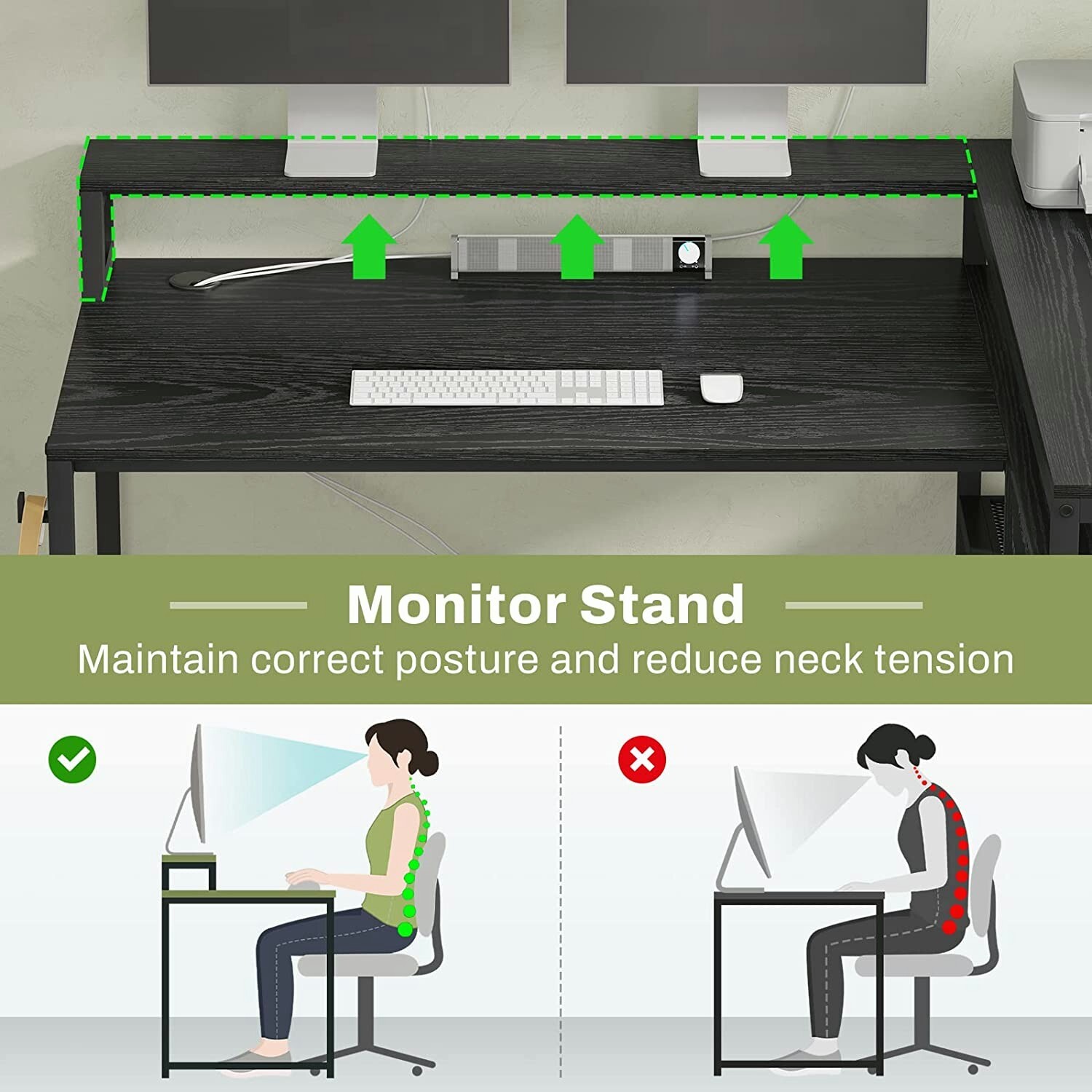 L Shaped Computer Desk, 59'' Corner Office Desk w/Monitor Shelf Home