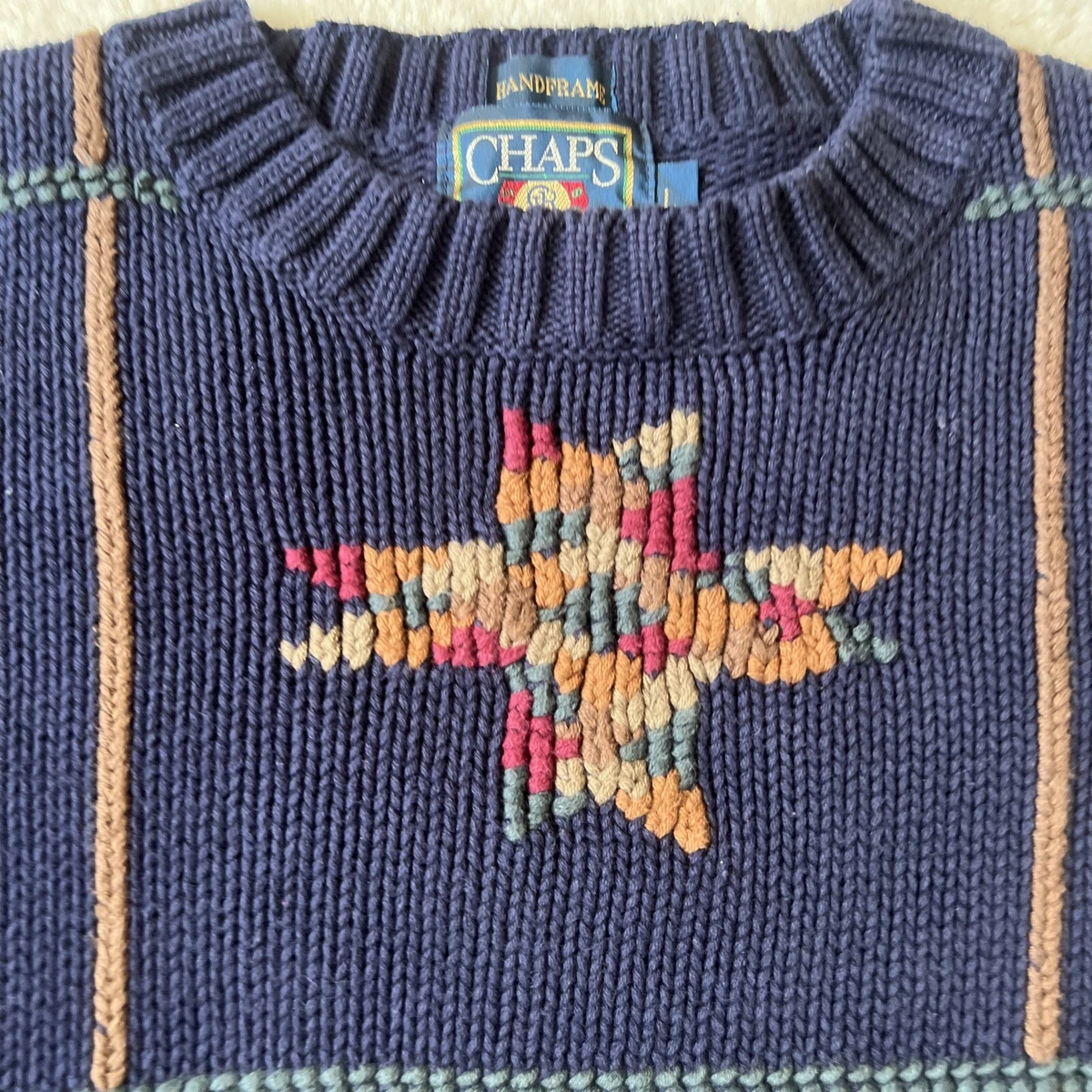 Vintage Chaps Ralph Lauren Sweater Mens L Hand Framed Knit 100% Cotton 90s