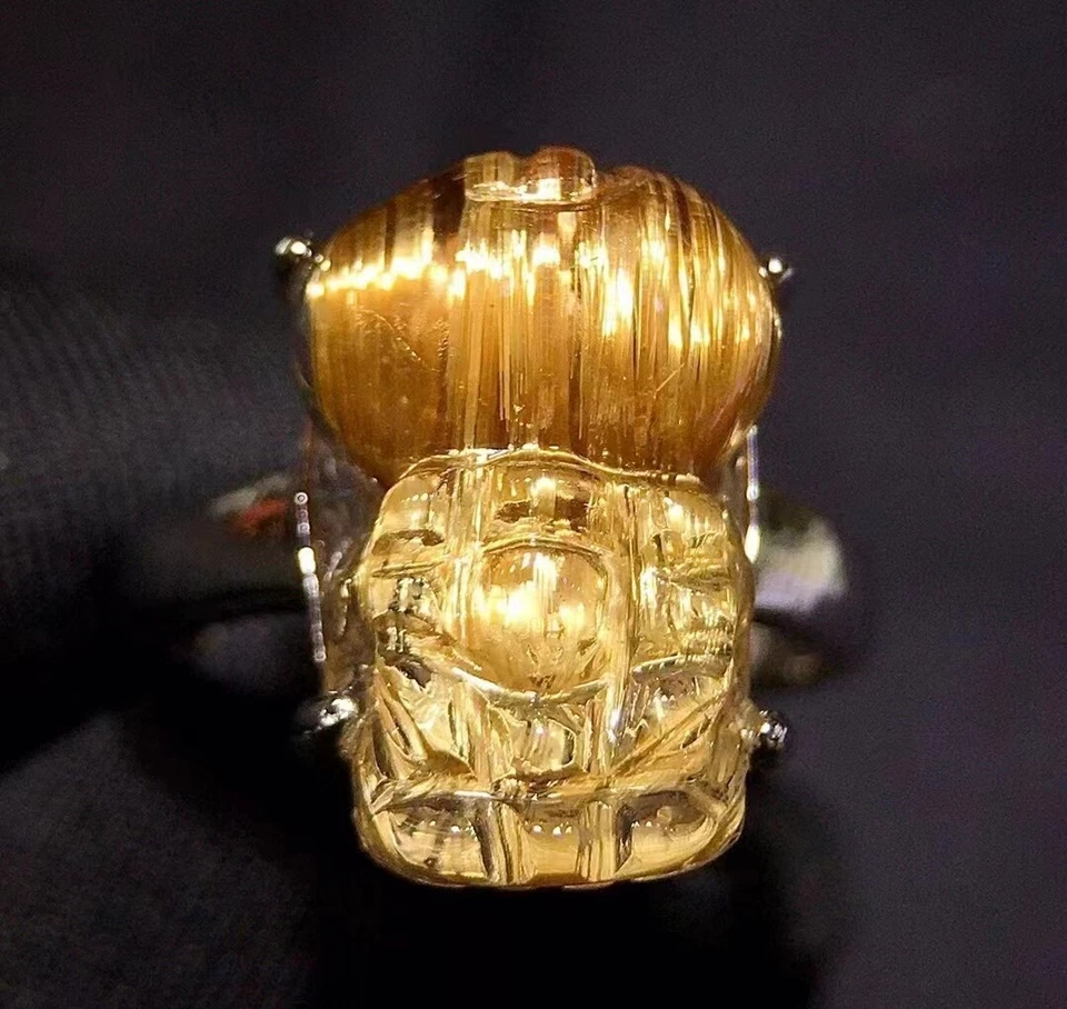 Anillo Ajustable Cuarzo Rutilado Oro Natural 13x11mm Certificado AAAAA Foto 3 de 4