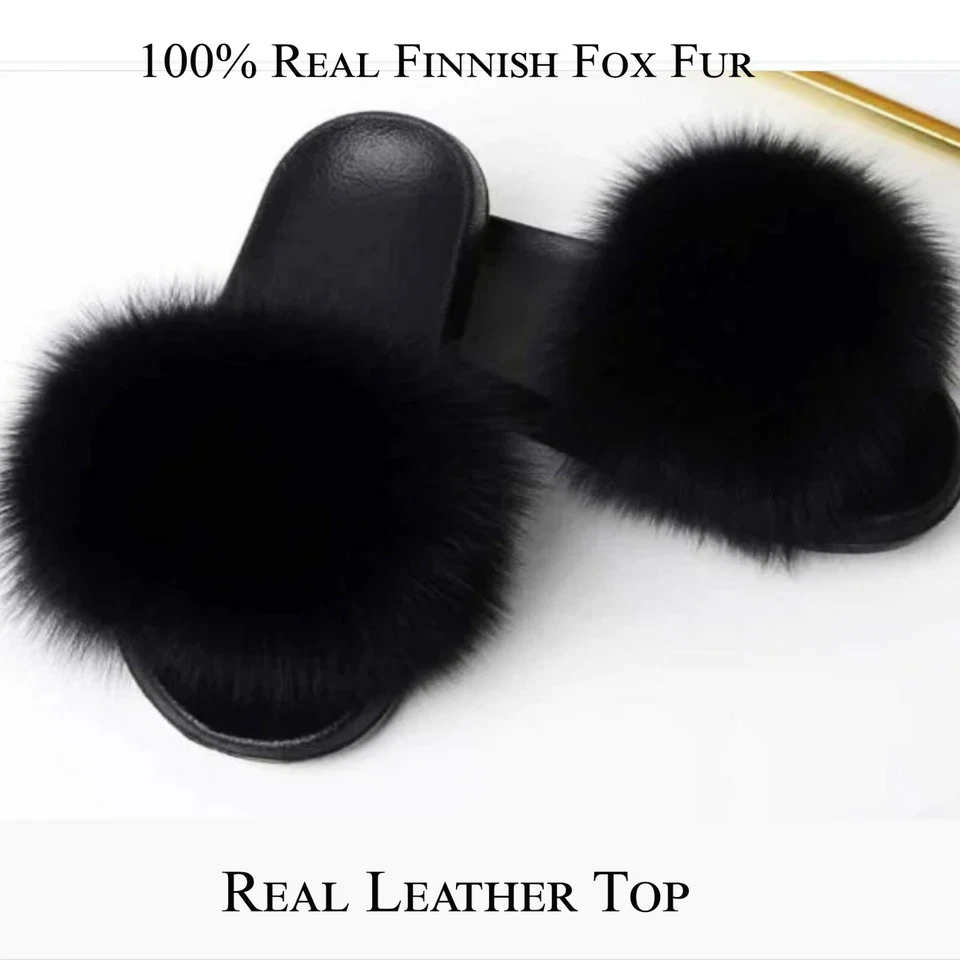 Premium Quality Women Real FOX Fur Slides Fluffy Slippers Women Beach Sandals - Image 2 of 4