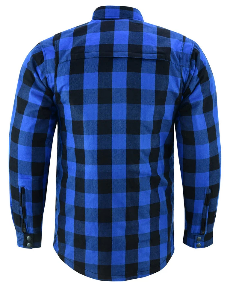 Men Motorcycle Plaid Lined Flannel Biker Shirt With Armor Pads & 2 Pockets Blue - Image 4 of 4