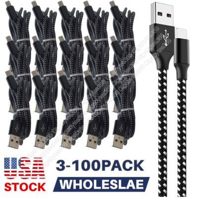 Bulk USB Charger Data Cable 6ft Braided For Apple iPhone 14 13 12 11 XR iPad Lot