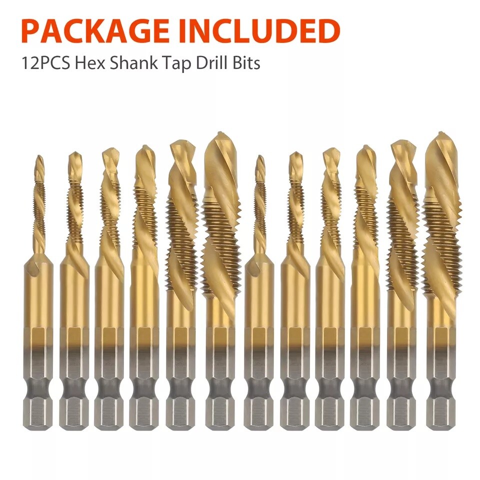 12Pcs HSS Titanium Coated Twist Drill Bit Set M3-M10 Hex Shank For wood ...