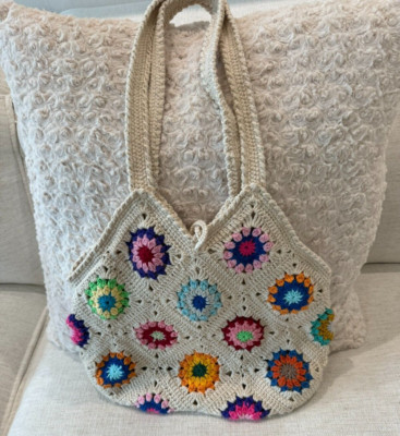Handmade Lined Crochet Granny Square Shoulder Bag Tote Purse Multicolor & Ivory