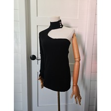 Cache Top Womens Medium M Black One Shoulder Mock Neck Silk Blend Rhinestones