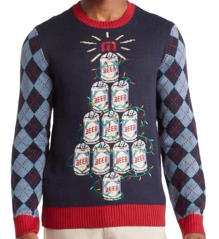 Travis Mathew Mens Medium Ugly Christmas Beer Can Tree Blue Argyle Golf Sweater - Image 2 of 4