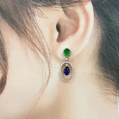 3.38 Carat Emerald,Sapphire & White CZ Halo Drop Stud Earrings for Womens.