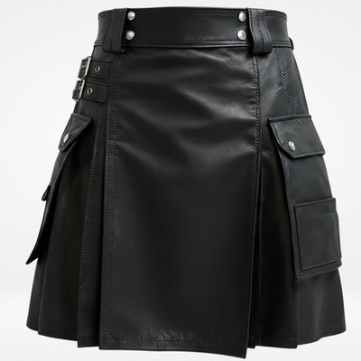 Herren Rindsleder schottischer Kilt vorne flach handgefertigt plissiert schwarz Empire LARP