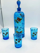 STUNNER Victorian Blue Blown Coin Spot Art Glass Decanter 3 Glasses HP Enamel