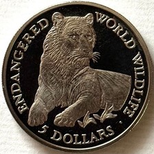 Cook Islands 5 Dollars 1990 Tiger, Copper-Nickel Coin, Proof