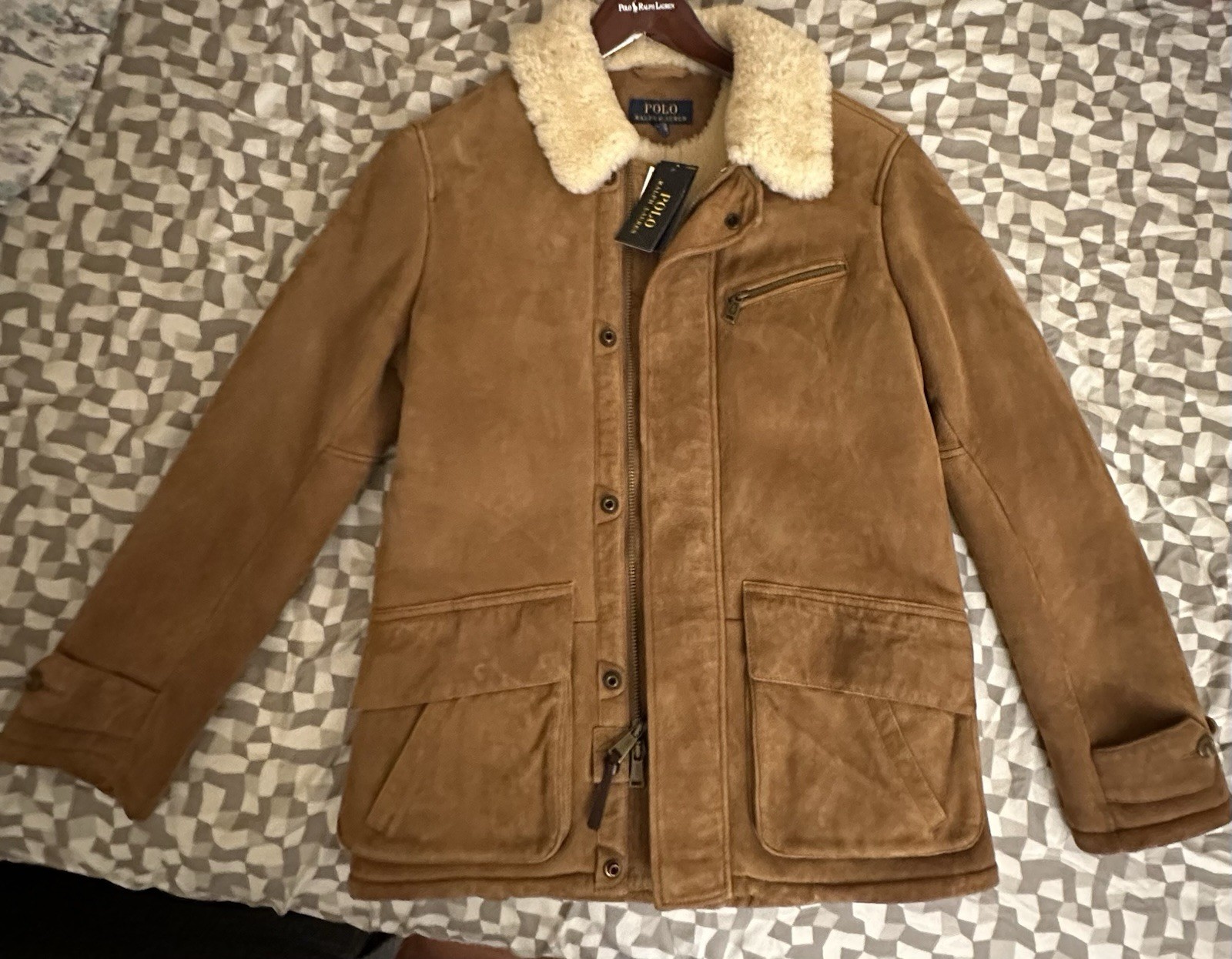 Polo Ralph Lauren Shearling Coat Jacket Brown Suede Leather Size Small On Tag