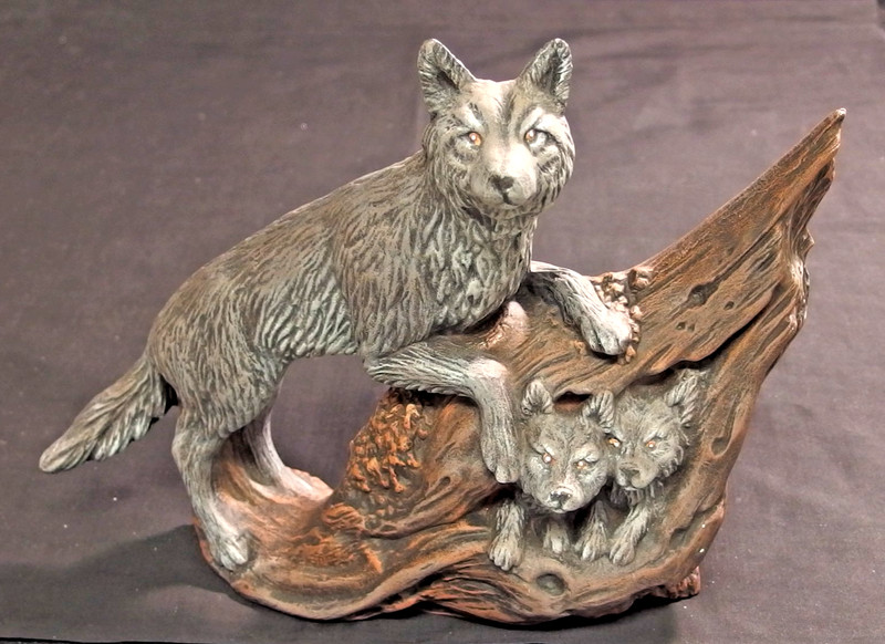 Mother Wolf w/ Two Pups Hand-Painted Matte Finish Bisque Ceramic Sculpture