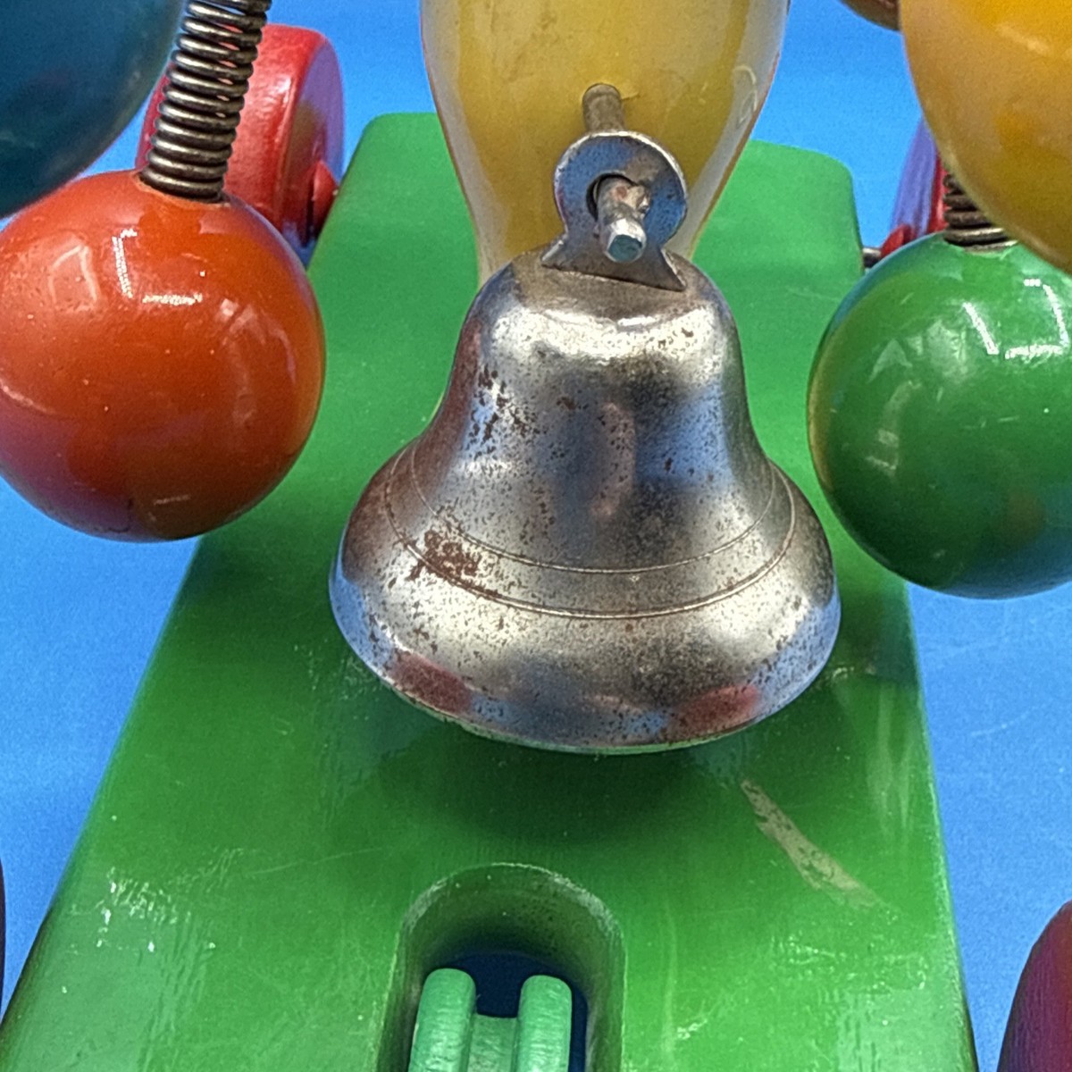 Vintage Kouvalias Wooden Pull Toy Greece Colorful Spinning Bell