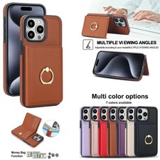 For iPhone 16 Pro Max 15 14 13 12 7 Magnetic Leather Ring Stand Card Wallet Case