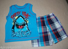 Toddler Boys Shorts Set AQUA SHARK MUSCLE TEE Aqua Purple Plaid Shorts 24 Mo