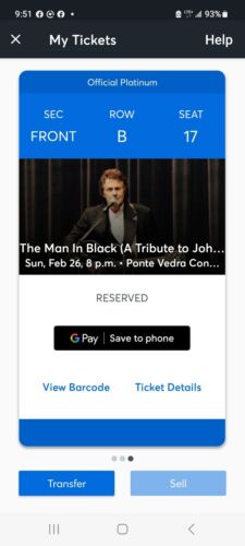 Johny Cash at Ponte  Vendra Concert Hall, concert tickets,3  Front center seats - Picture 1 of 4