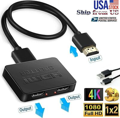 HDMI SPLITTER 1 IN 2 OUTPUT DUAL MONITOR & HDMI CABLE 5M 4K V1.4 POWER PS4 PS3