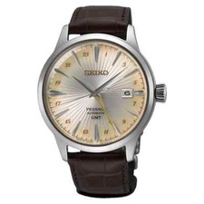 Seiko Mens Presage GMT Cream Dial Cocktail Time Brown Leather Band Watch SSK041