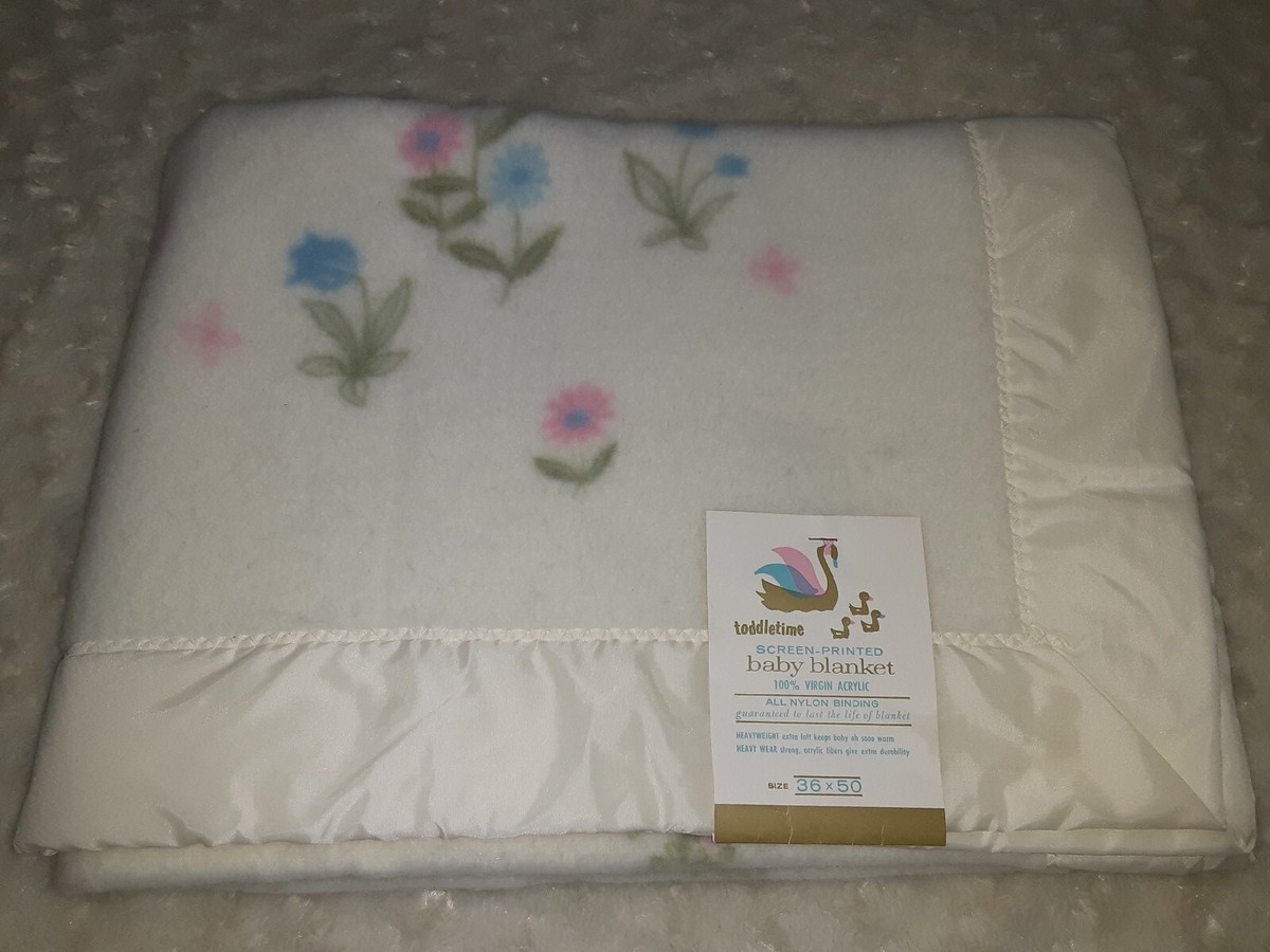 Vintage Toddletime JCPenney Virgin Acrylic Ivory Floral Print Blanket Nwt  36x50