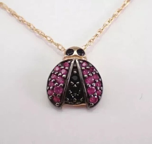 NEW Created Ruby 1.80Ct Heart Cut Ladybug Pendant 14K Yellow SILVER Chain 18'' - Picture 5 of 9