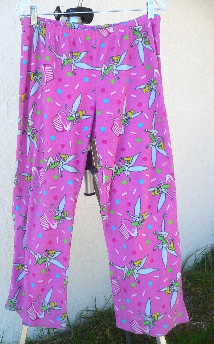 VTG DISNEY TINKERBELL PINK PJ PAJAMA PANTS FLEECE ELASTIC WAIST GIRL L BOTTOM PJ