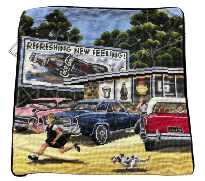 NEW Wool Needlepoint Throw Pillow Cover 1950s Coca Cola Diner Restaurant 14''