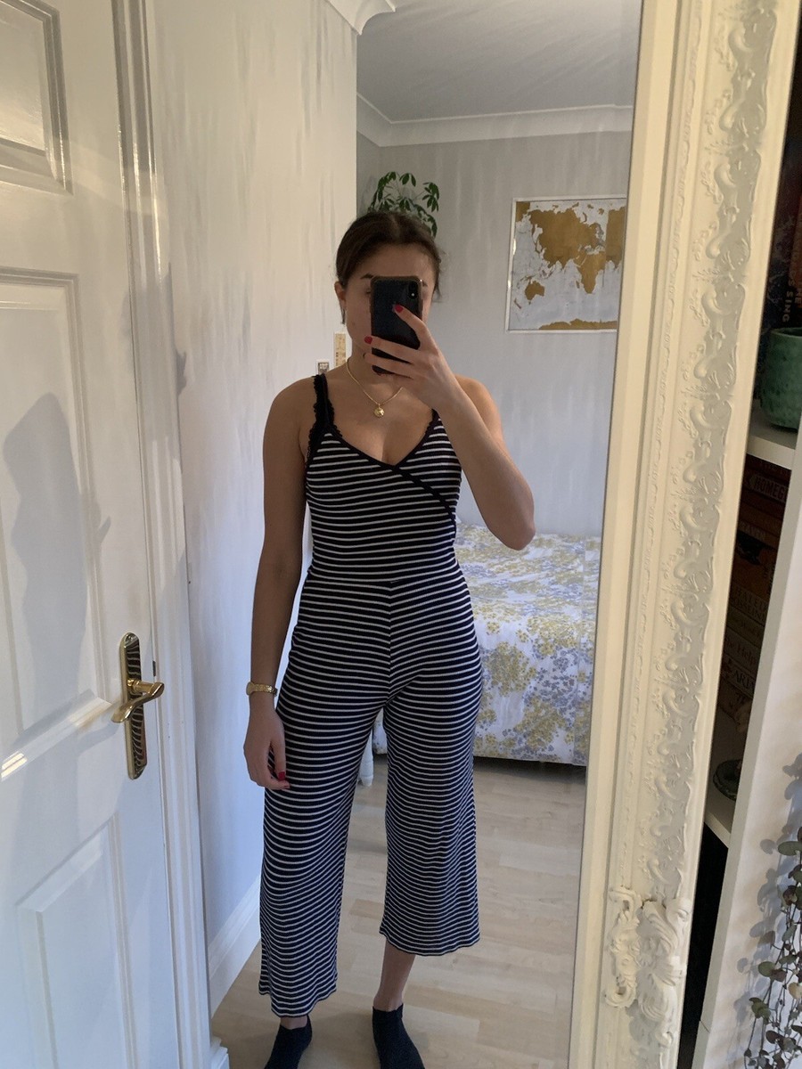 Topshop Blue and White Striped Culotte Jumpsuit Size UK