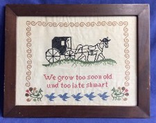Vintage Amish Needlepoint Sampler Large Framed Rustic Horse  Buggy