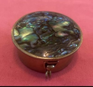 Vintage made in Mexico abalone 1 1/2 inch pill box Round Silvertone