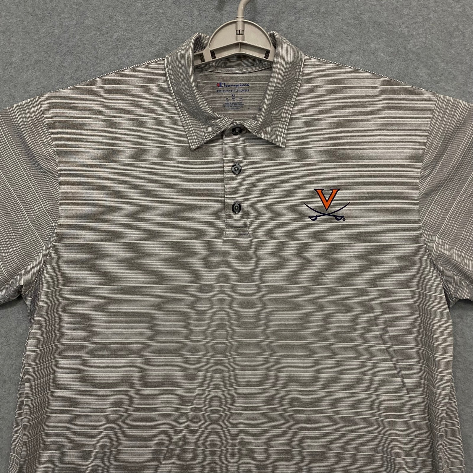CHAMPION Mens XL Gray Striped Polo Shirt UVA Cavaliers Logo Short Sleeve Golf