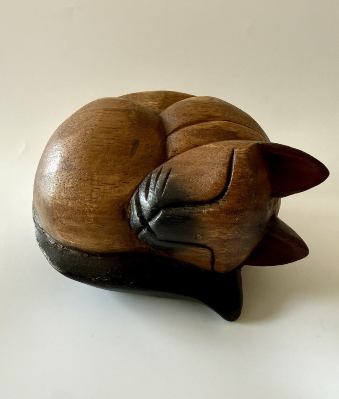 Vintage Hand-Carved Wooden Curled Up Sleeping Kitty Cat, Art Sculpture, Folk Art