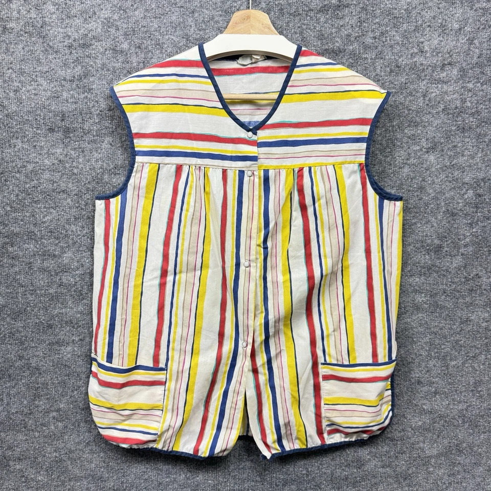 Delantal grande vintage años 60 retro a presión para mujer blanco multicolor a rayas Foto 3 de 4