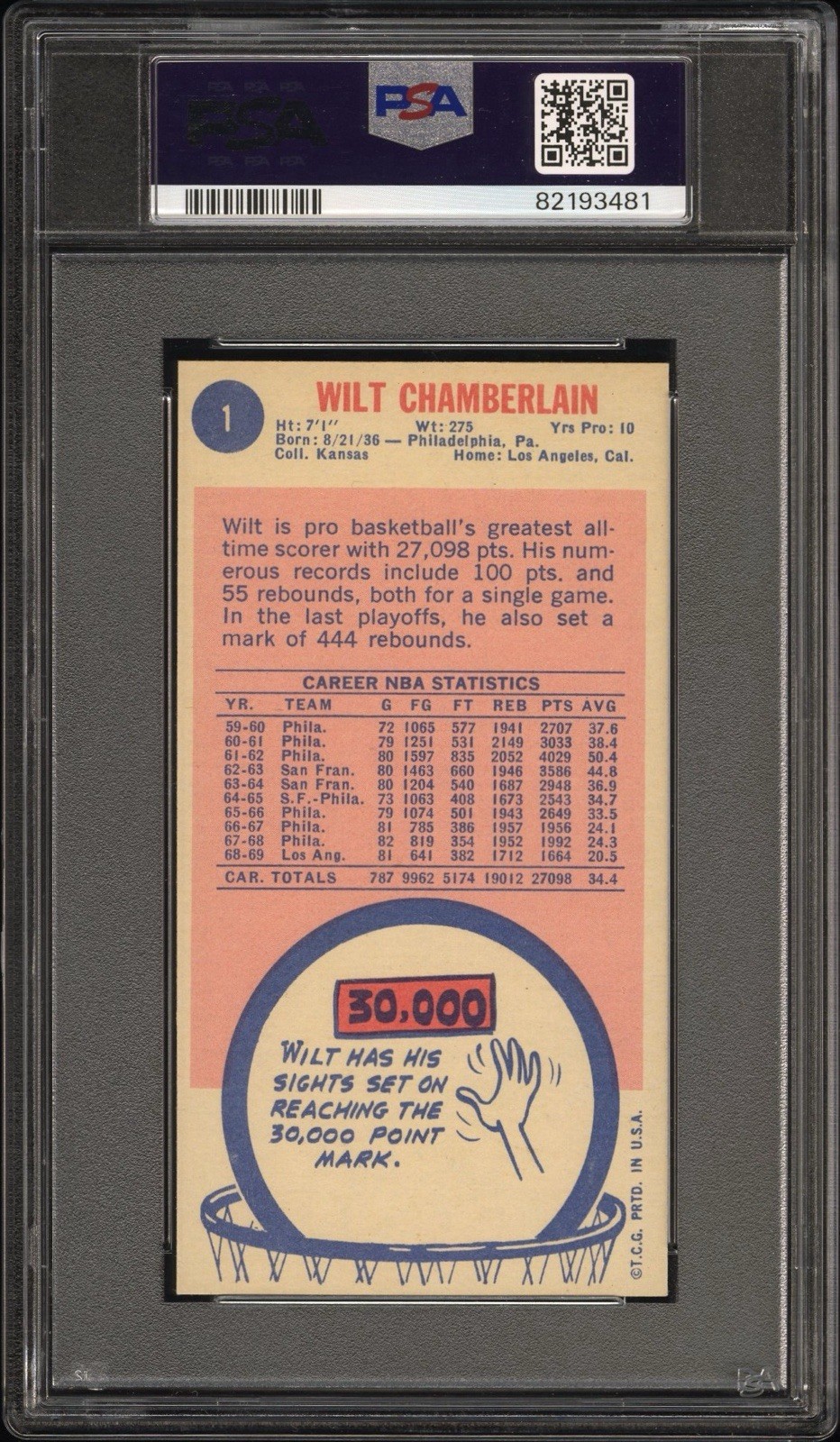 1969 Topps Wilt Chamberlain PSA 6 LA Lakers #1 cc23 view 2