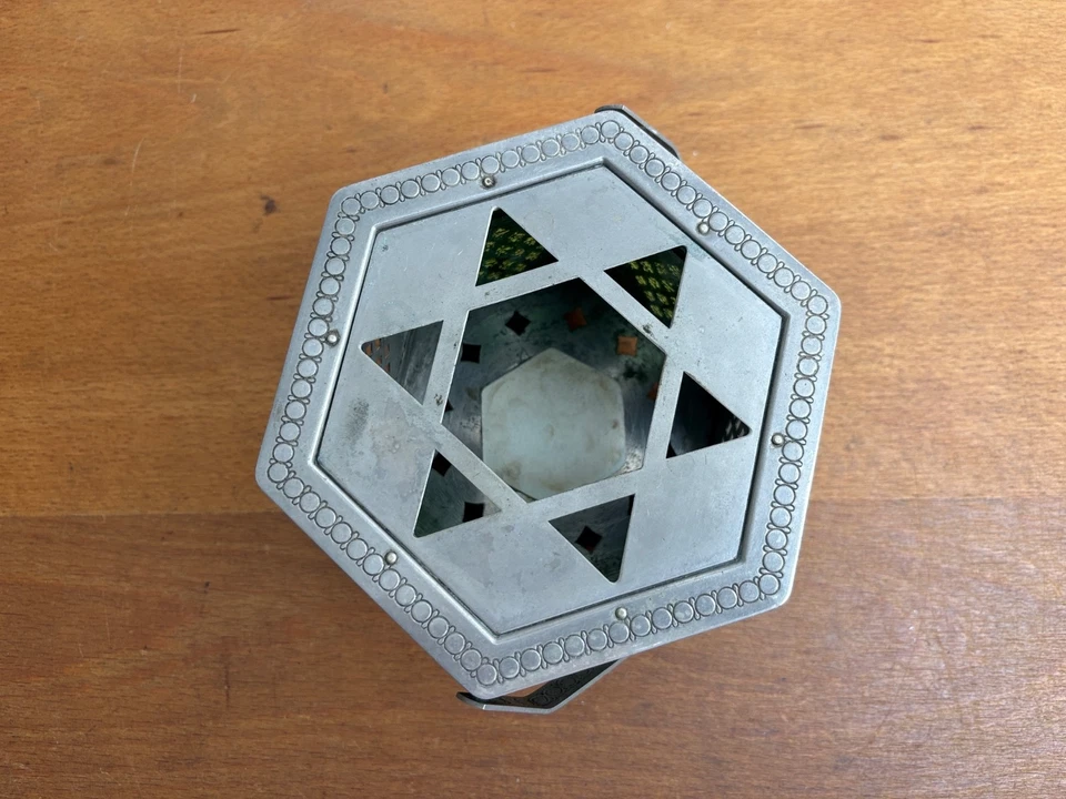 Antik 8-eckig ART DECO Stövchen Rechaud Teewärmer Metall grünes Glas 30er Stern  - Bild 4 von 4