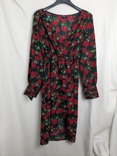 Monki Ladies Black Size Medium Midi Wrap Dress Long Sleeve Floral V-Neck