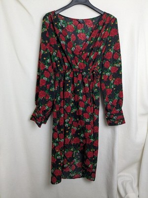 Monki Ladies Black Size Medium Midi Wrap Dress Long Sleeve Floral V-Neck