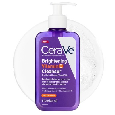 CeraVe Brightening Vitamin C Facial Cleanser for 8 Fl Oz (Pack of 1), Clear