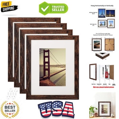 8x10 Picture Frame Rustic Brown Wood Pattern Set of 4 with Tempered Glass,Dis...