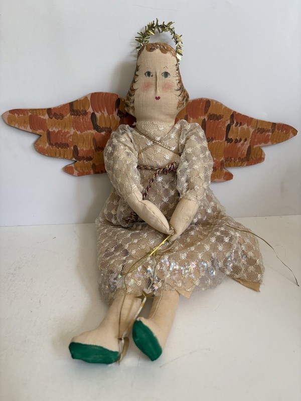 Folk Art Vintage Primitive Cloth Angel Doll Handmade Wood Wings