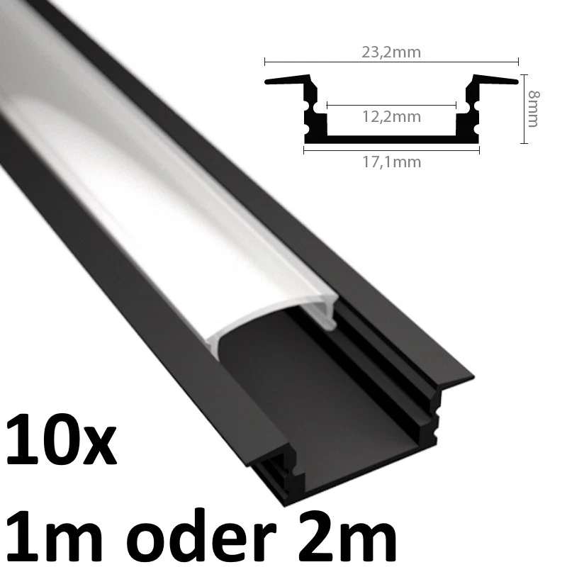 10x ALU Profil Leiste Schiene EINBAU-SL in schwarz für LED Streifen in 1m | 2m - Bild 1 von 1