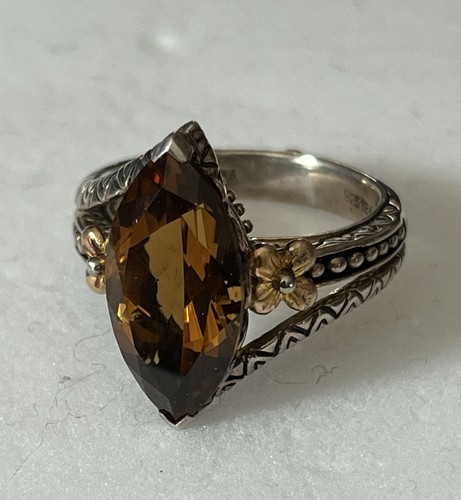 Barbara Bixby Cognac Quartz Marquise Sterling Silver 18K Gold Ring Size 9 - Picture 2 of 22