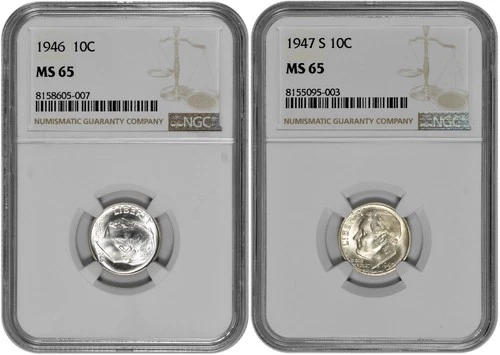 1946 P +  1947 S 10C Silver Roosevelt Dime NGC Graded MS 65 Two Coin Lot